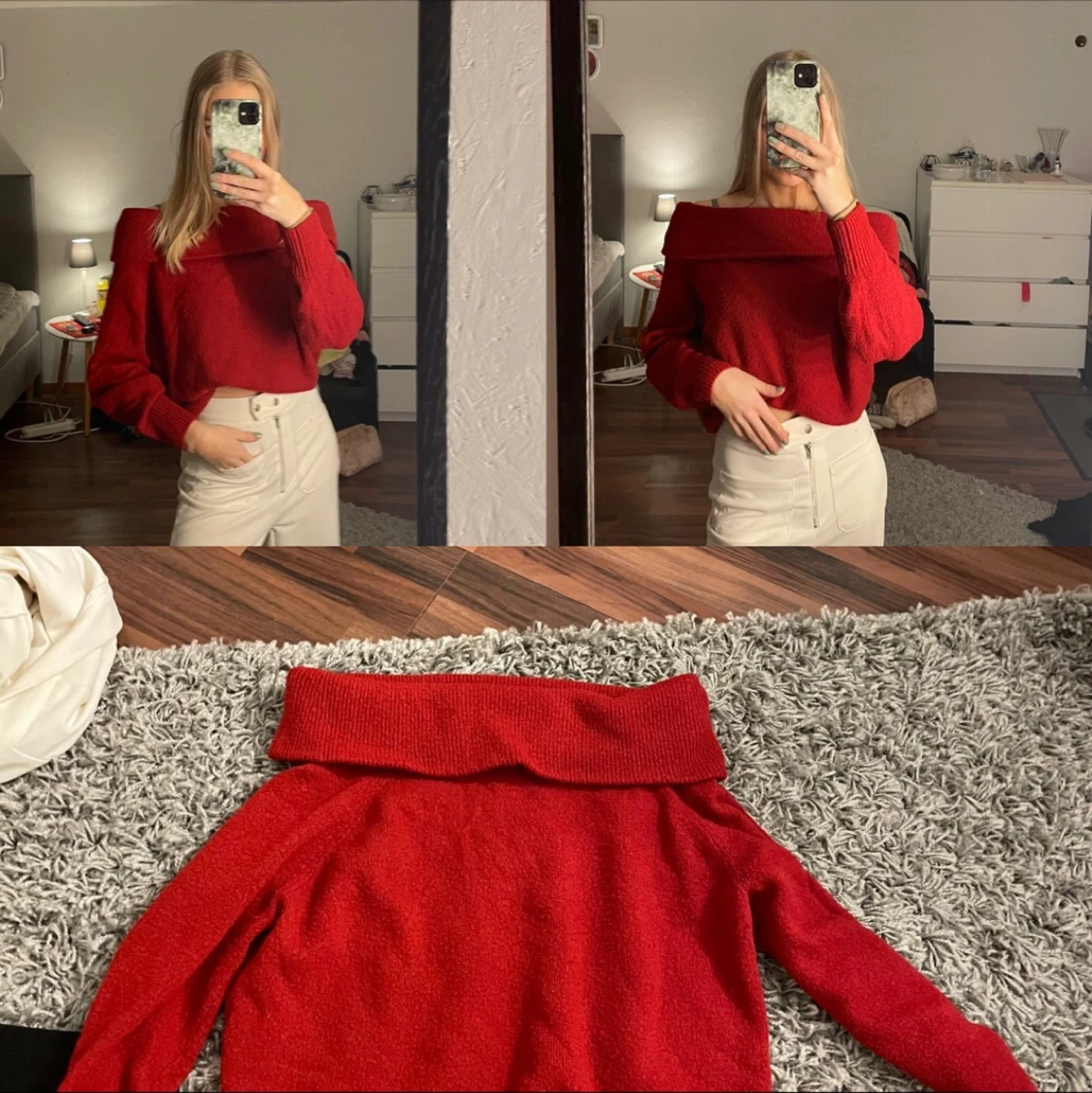 Röd stickad tröja (off shoulder) - 91