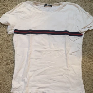 Brandy Melville t-shirt - En vit söt topp från brandy Melville med en blå och röd rand i mitten. Super fin och inte speciellt använd. 