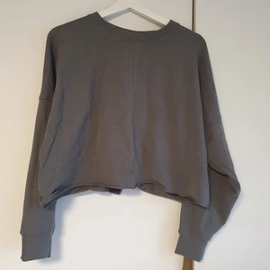 Croppad sweatshirt - En grå croppad sweatshirt i supermjukt ofodrat material med råa kanter. Den är använd en gång så därför i princip ny. Den är i storlek medium men den passar S-L också för den är ganska rymlig. Jag skickar med skicka lätt för billig och spårbar leverans.