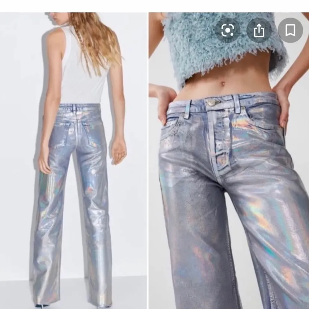 Säljer dessa silvriga populära& slutsålda jeans från Zara då de inte kommer till användning! Storlek 38 och perfekt längd på mig som är 170cm🤍 Ganska små i storleken så mer en liten 38 stor 36 typ! Buda i kommentarerna köp direkt för 700! Skriv för mer bilder 🤍. Jeans & Byxor.