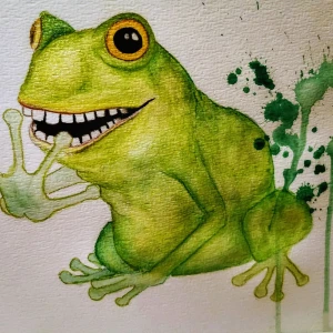 Grodan med det stora leendet - En färgstark och humoristiskt konstverk med en unik illustration av en groda med mänskliga tänder. Perfekt för dig som gillar konst och vill ha något annorlunda och roligt på väggen.  Passar unga vuxna med känsla för det oväntade. Detta är orginalmålning.
