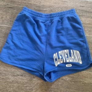 Blå Cleveland shorts med tryck - Blå mjuka shorts med resår i midjan och stort vitt tryck med texten 'Cleveland Ohio' på ena benet. Perfekta för chill dagar eller träning. Klassisk sportig look med avslappnad passform och skön bomullskänsla.