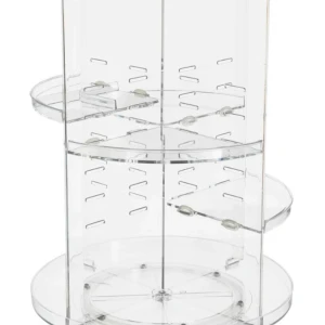 Roterande sminkorganizer i akryl - Transparent roterande sminkorganizer i akryl med flera hyllplan och fack för att förvara sminkprodukter som borstar, läppstift och ögonskuggor. Perfekt för att hålla ordning på sminkbordet och enkelt hitta dina favoriter.