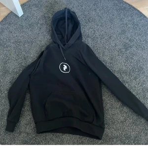 Svart hoodie från Peak Performance - Säljer en svart hoodie från Peak Performance med vit logga på bröstet och stor logga på ryggen. Tröjan har huva med dragsko och en stor magficka framtill. Perfekt för en avslappnad stil.