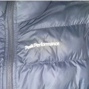 Blå dunjacka från Peak Performance - Säljer en blå dunjacka från Peak Performance med huva och dragkedja framtill. Jackan har ett stilrent, quiltat mönster och logga på bröstet. Perfekt för kyligare dagar och enkel att matcha med olika outfits.