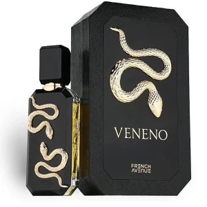 Veneno Bytes - Lyxig parfymflaska i svart med guldfärgad orm som dekoration. Flaskan har en kantig, exklusiv design och kommer i en matchande svart ask med samma ormmotiv och Veneno-tryck. Perfekt för dig som gillar unika och djärva detaljer.