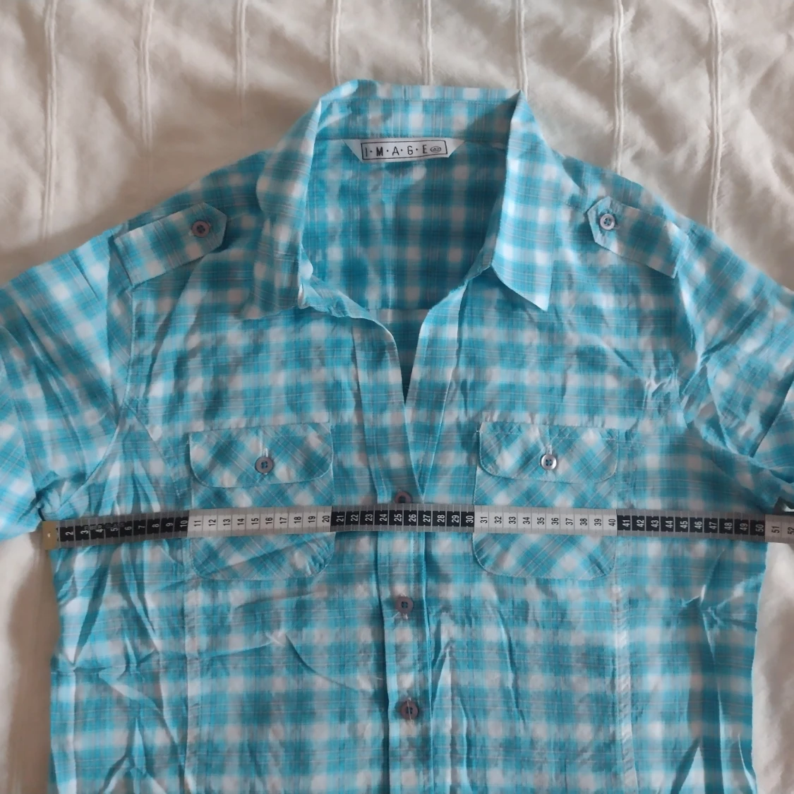 Oanvänd Y2K blåvit rutig kortärmad skjorta IMAGE - 4