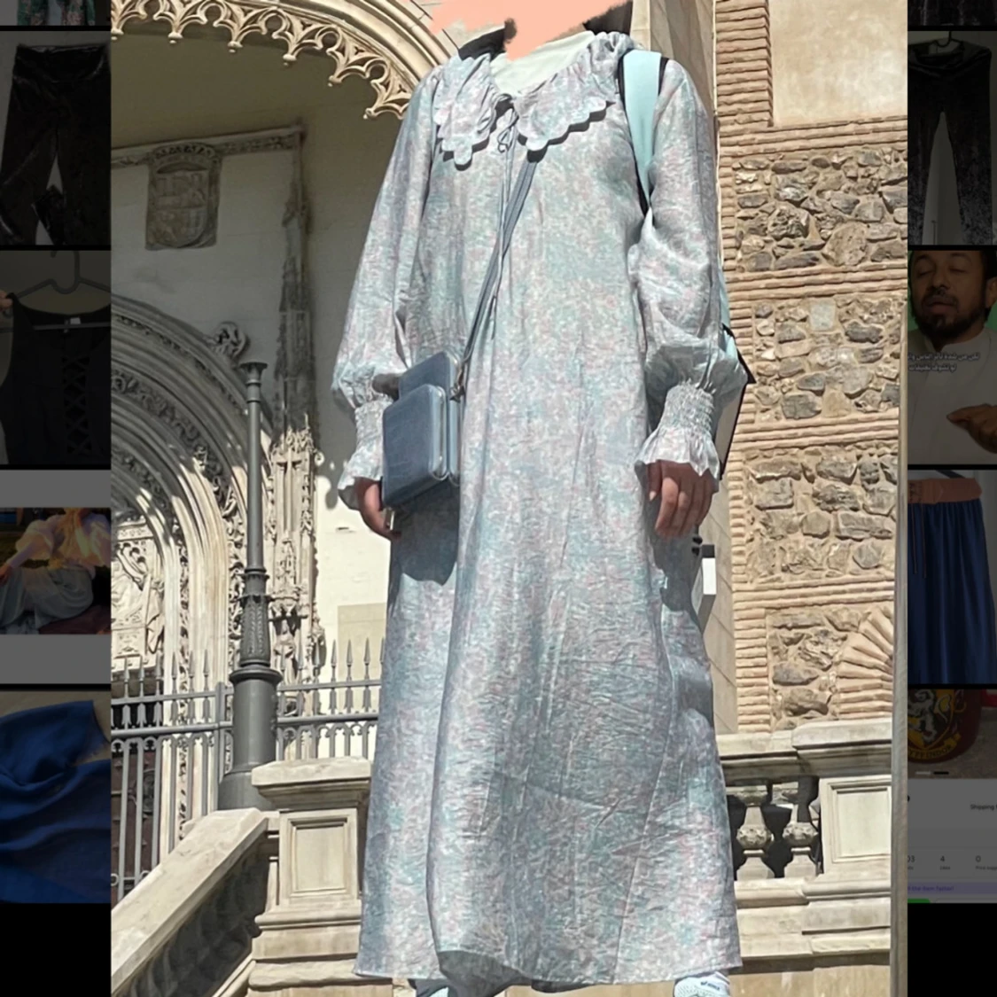 Ljusblommig långklänning med volangkrage - 1