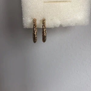 Guldiga tvinnade hoops örhängen - Säljer ett par snygga guldiga hoops med tvinnad design. De är små till medelstora och har en klassisk men ändå trendig look som passar perfekt till din stil. Perfekta för dig som gillar enkla men ändå unika smycken.