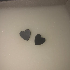 Svarta hjärtformade örhängen - Säljer ett par stilrena svarta hjärtformade örhängen. Perfekta för att ge en subtil men elegant touch till din outfit. De är små och lätta, vilket gör dem bekväma att bära hela dagen.