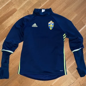 Sverige landslagströja storlek M  - Storlek: M . Använd några gånger. Är i gott skick. Endast ett litet hål på baksidan av tröjan. Pris: 150:- skickas direkt inom 24h