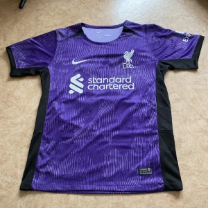 Liverpool FC lila matchtröja - Liverpool FC matchtröja i lila med svarta paneler, tryckt med M. Salah och nummer 11 på ryggen. Tröjan har korta ärmar, Nike-logga och klubbmärke framtill.Priset kan diskuteras.