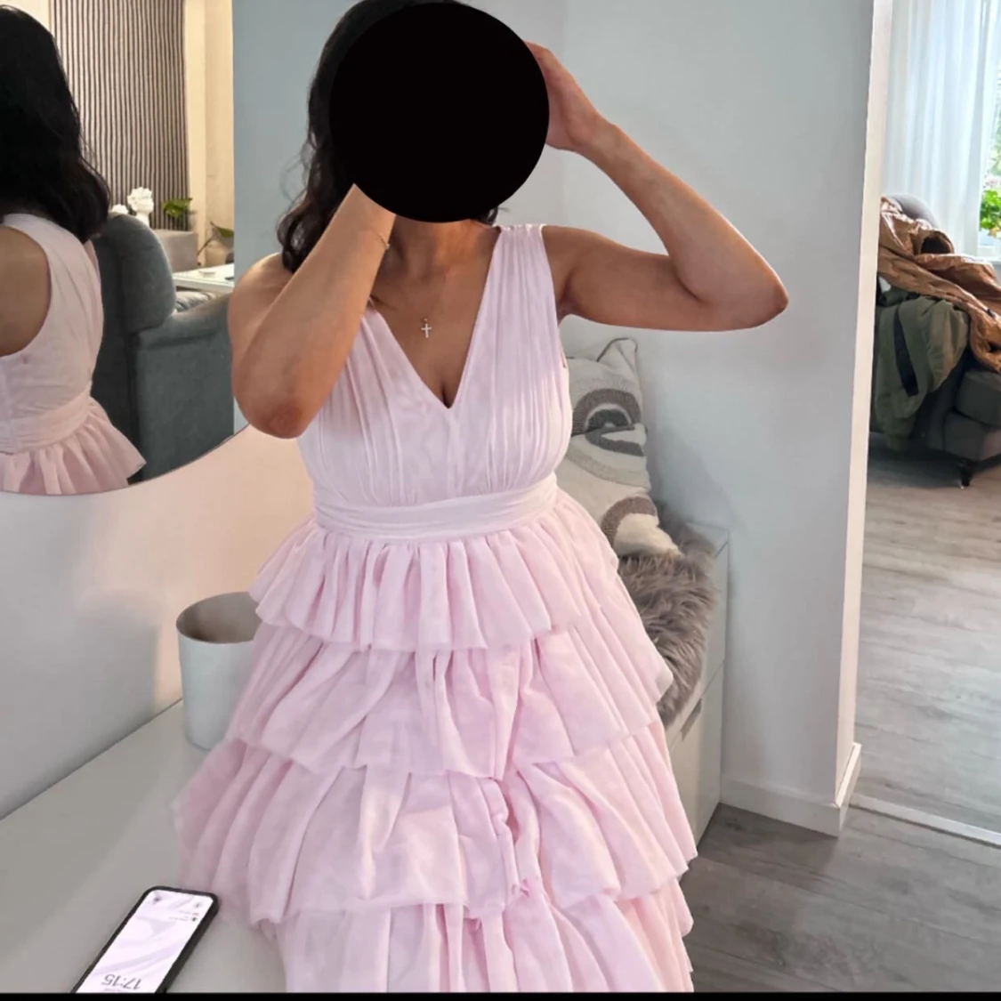 Ljusrosa långklänning med volanger - 1