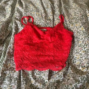 Röd spetsig croppad linnetopp XS - Säljer en röd croppad linnetopp från FB Sister i storlek XS. Toppen har tunna axelband och är täckt av snygg spets med blommigt mönster. Perfekt för dig som vill sticka ut med en färgstark och feminin look.
