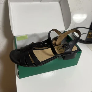 Svarta sandaler med låg klack från Footflexx - Svarta sandaler från Footflexx med låg klack och justerbart spänne. Skorna har flera remmar i skinn och en dekorativ rem med små svarta detaljer framtill. Bekväm innersula och platt sula med bra grepp. Perfekta för varma dagar.