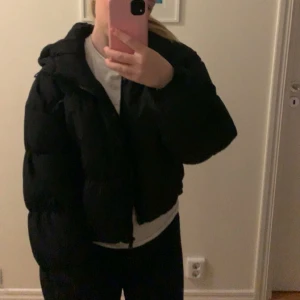 Svart pufferjacka - Säljer en svart pufferjacka som är perfekt för kyligare dagar. Jackan har en croppad design och långa ärmar, vilket ger en modern look. Den är både stilren och funktionell.