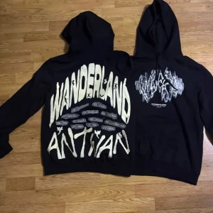 Svart hoodie Wanderland Antwan - Svart hoodie från Wanderland med stor vit grafisk text på ryggen och mindre tryck framtill. Oversized passform med huva och känguruficka. Perfekt för dig som gillar streetwear och unika prints.