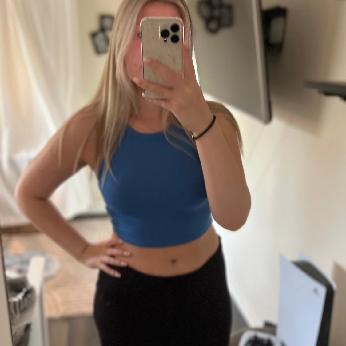 Blå ribbad croppad linnetopp - 1