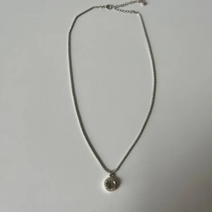 Silverhalsband med rund berlock - Stilrent halsband i silverfärg med en tunn kedja och en rund, glittrande berlock. 