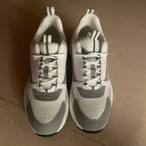 Vita och grå sneakers från Dior - Säljer ett par snygga Dior sneakers i vitt och grått med svart sula. Skorna har meshdetaljer, snörning och tydlig Dior-logga på innersulan samt CD-detalj under sulan. Perfekta för dig som vill ha en stilren och exklusiv look. Dem är helt nya och oanvända.