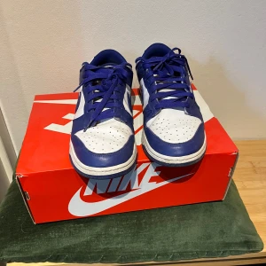 Nike Dunk Low blå/vita sneakers - Nike Dunk Low sneakers i blått och vitt skinn med klassisk Swoosh på sidorna. Lågt skaft, blå snörning och vit mellansula. Perfekt för dig som gillar streetstyle och vill ha en ikonisk sneaker med snygg kontrast mellan färgerna.