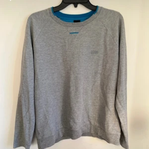Grå sweatshirt från Hugo Boss - Säljer en stilren grå sweatshirt från Hugo Boss med diskret logga på bröstet. Tröjan har rund halsringning med blå insida och långa ärmar. Den är i väldigt fint skick, nypris  = 1500 kr mitt = 99  kr, skriv om minsta lilla fundering!