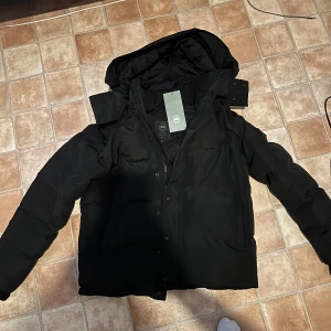 Svart dunjacka från Canada Goose - Säljer en svart dunjacka från Canada Goose med huva och klassisk logga på ärmen. Jackan är quiltad, har långa ärmar och stängs med både dragkedja och knappar. Perfekt för kalla vinterdagar och riktigt snygg streetstil.