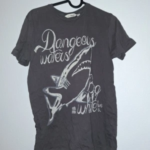Mörkgrå t-shirt med hajtryck KappAhl - Cool mörkgrå t-shirt från KappAhl med stort hajtryck och texten 'Dangerous waters' på framsidan. Rund hals och korta ärmar, tillverkad i mjuk bomull. Perfekt för dig som gillar grafiska motiv och vill sticka ut med en unik look.