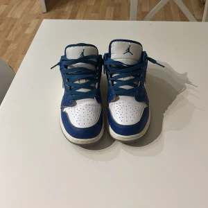 Blå och vita Nike Air Jordans storlek 39 - Snygga Nike Air Jordans i blått och vitt. Skorna har en klassisk design med snörning och den ikoniska loggan på plösen. Perfekta för dig som vill ha en stilren look med en sportig touch.