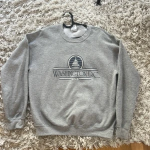 Vintage Grå sweatshirt med Washington D.C. tryck - Säljer en klassisk vintage grå sweatshirt med tryck av Washington D.C. och en stilren design. Tröjan har långa ärmar och rund halsringning. Perfekt för en avslappnad stil.