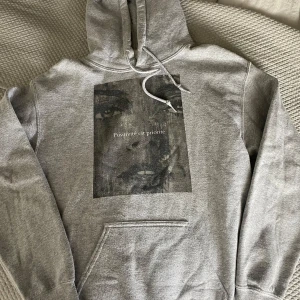 Grå hoodie med tryck - Säljer en grå hoodie med ett stort tryck av ett ansikte och text på framsidan. Den har en klassisk justerbar huva med dragsko. Jättefin Hoodie till vardags. ✨