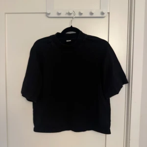 Svart kortärmad tröja - Säljer en stilren svart kortärmad tröja med normal passform. Perfekt för en avslappnad look. Tröjan är enkel och mångsidig, ett måste i garderoben.