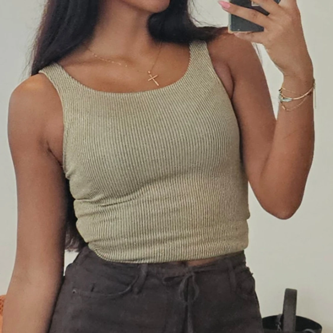 Beige ribbed shimmer linnetopp - 1