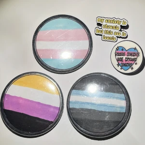 pride pins - diverse pins med pride motiv, samt en ångest pin. 🏳️‍⚧️ de tre stora pins är 5,5 cm i diameter och är handgjorda med imperfektioner. den lilla trans pride pin är 3 cm i diameter och har några skrapor, och ångest pin är 3x2 cm. finns motiv med trans, demiboy/demikille, nonbinary/ickebinär. går att köpa alla tillsammans eller styckvis. de tre stora pins är 15kr var, de små är 20kr var (pga bättre kvalitet). självklart blir det en rabatt om du köper flera! :D köp nu eller swish fungerar. alla för 60kr