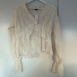 Vit blus med volangdetaljer - Säljer en superfin vit blus från Ginatricot i storlek M. Säljer den eftersom jag beställde den i fel storlek och den togs bort från sortimentet. Den har ett snyggt volangmönster och långa ärmar med volangdetaljer vid ärmsluten. Perfekt för både vardag och fest! ✨