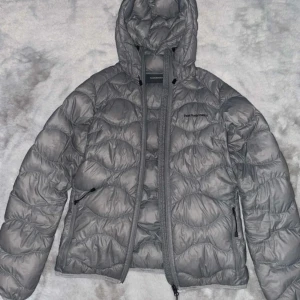 Peak performance  - Säljer en grå dunjacka från peak performance med huva och dragkedja. Jackan har en quiltad design och är perfekt för kyligare väder. Den har långa ärmar och två fickor med dragkedja framtill fläckar tillkommer men inget som syns så tydligt därav priset 