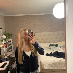 Mörkblå velourjacka med dragkedja - Säljer en snygg mörkblå velourjacka med dragkedja framtill. Jackan har en huva och långa ärmar, perfekt för en avslappnad stil. Den är mjuk och bekväm, idealisk för kyligare dagar.