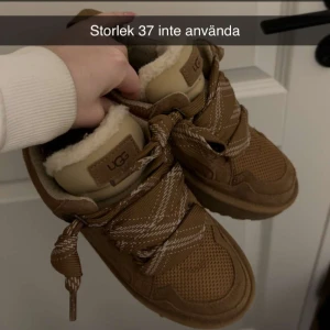 Bruna sneakers från UGG - Säljer ett par bruna sneakers från UGG med snörning och mjukt foder. Rutiga snören sitter på och dom helfärgade följer med! Inte använda då de va för små och ja glömde skicka tillbaka de🙈 normala i storlek