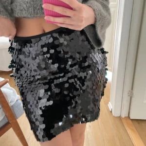 Svart paljettkjol - Snygg svart kortkjol täckt med glittrande paljetter. Perfekt för nyår, en kväll ute eller en festlig tillställning. Kjolen har en tight passform som framhäver figuren. Inte mina bilder❤️ Prislappen är kvar, kjolen är oanvänd, precis som ny!!