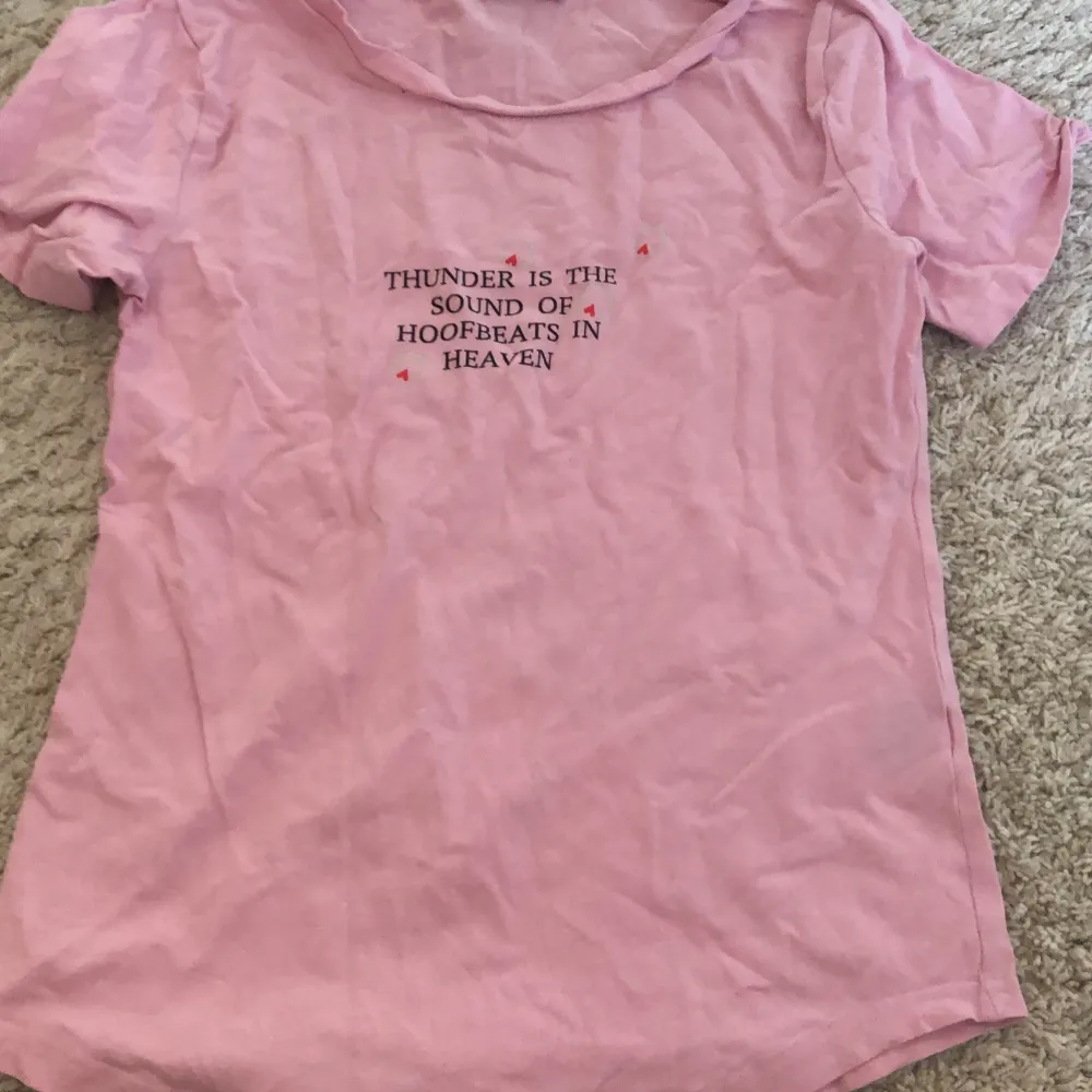 Säljer en söt rosa t-shirt från CRW i storlek XS. Den har ett tryck på framsidan med texten 'THUNDER IS THE SOUND OF HOOFBEATS IN HEAVEN'. Perfekt för vardagsbruk eller en avslappnad dag ute men också om pyjamaströja. T-shirten är i bomull och har korta ärmar. Skicka ett meddelande om du är intresserad! 💖. T-shirts.