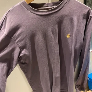 Lila tröja från Carhartt - Säljer en snygg lila tröja från Carhartt i storlek XS. Tröjan har en liten logga på bröstet och är perfekt för en avslappnad stil. Den har långa ärmar och en rund halsringning.
