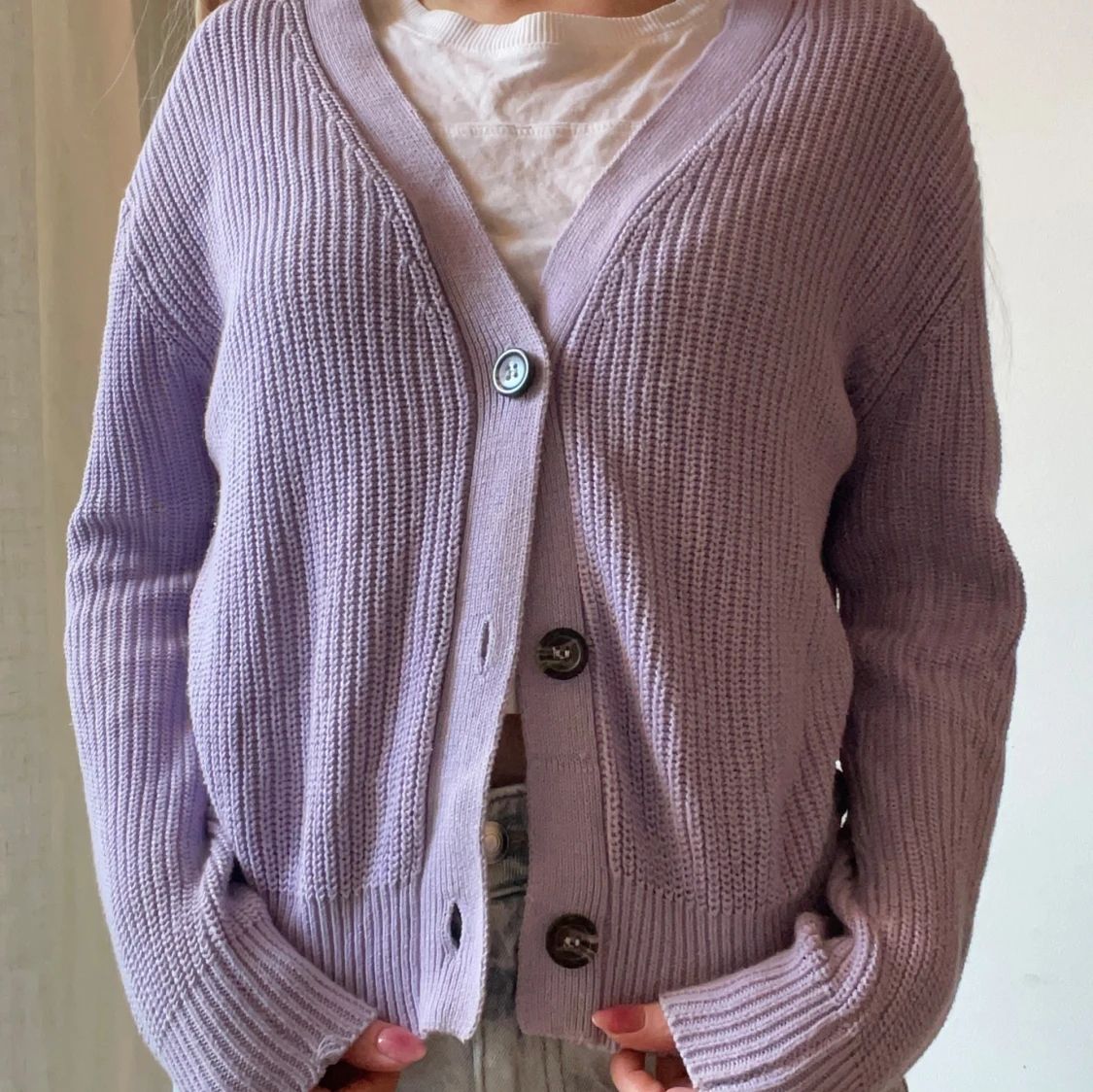 Lila stickad kofta  - 90