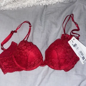 Röd push-up bh Malva - Säljer en snygg röd push-up bh Malva från Lindex. Justerbara axelband och hakknäppning bak. Helt oanvänd då den inte passar. 