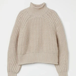 Beige stickad tröja - Säljer en mysig beige stickad tröja med hög krage. Tröjan har långa ärmar och en ribbad struktur som ger en stilren look. Perfekt för kyliga dagar.