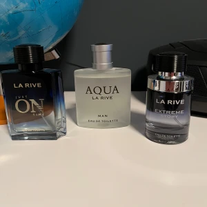 Tre parfymer till priset av en från La Rive - Säljer tre olika parfymer från La Rive. Samtliga ingår i priset. 'Just On Time' i en blå och svart flaska (sprayad ca 5ggr), 'Aqua' i en frostad vit flaska (sprayad ca 10 ggr) och 'Extreme Story' i en svart och silver flaska (sprayad ca 20 ggr)