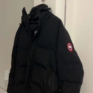 Svart dunjacka från Canada Goose - Säljer en svart dunjacka från Canada Goose med huva och dragkedja. Jackan har en klassisk design med varumärkets logga på ärmen. Perfekt för kalla vinterdagar.