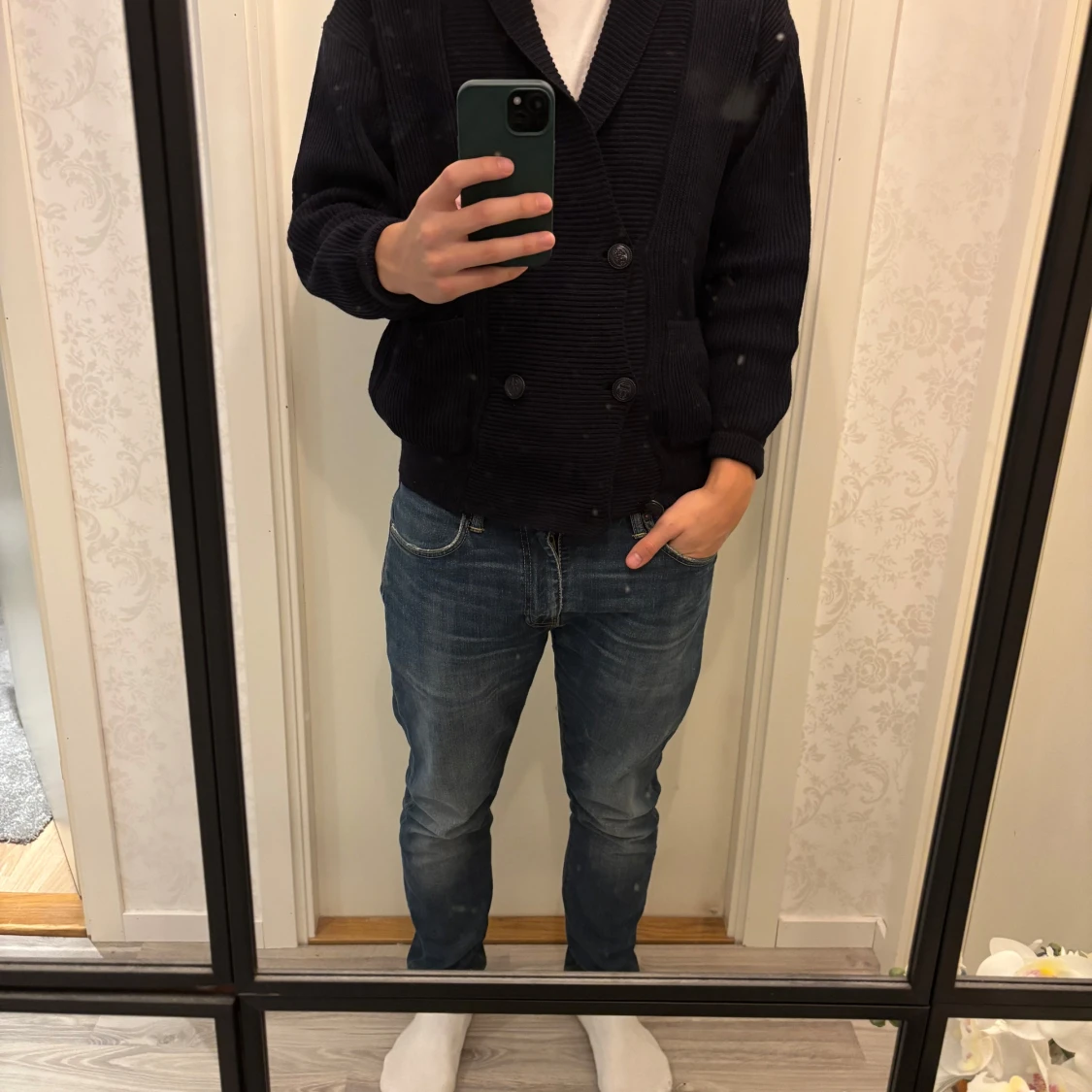 Mörkblå ribbad kofta - 90