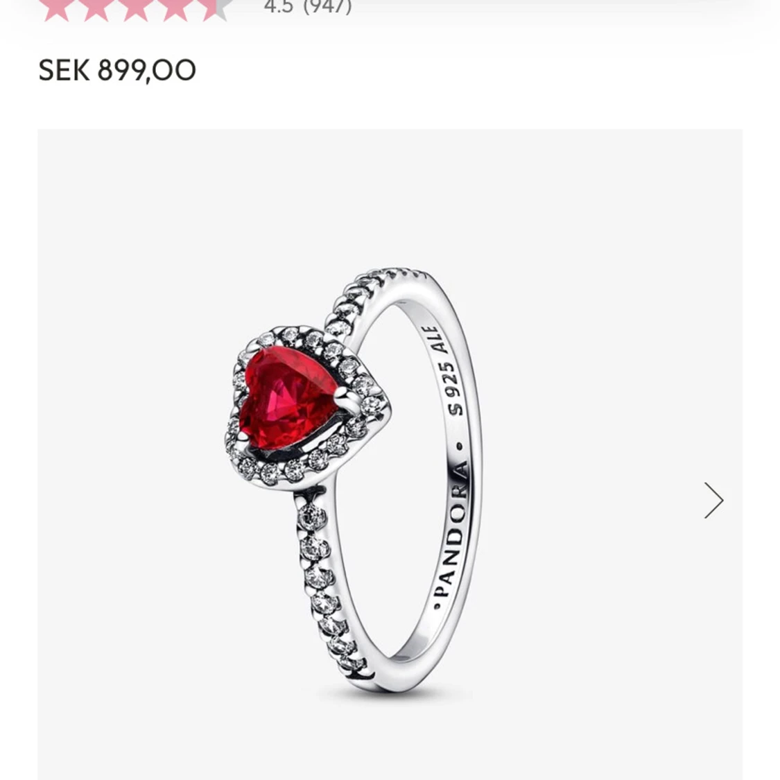 Silverring med röd hjärtformad sten från Pandora
