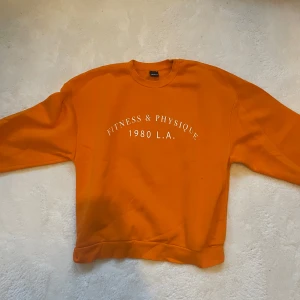 Orange sweatshirt från Gina Tricot - Säljer en cool orange sweatshirt från Gina Tricot med texten 'Fitness & Physique 1980 L.A.' på framsidan. Tröjan har en avslappnad passform och är perfekt för en casual look. Den är gjord i mjukt material och har långa ärmar.
