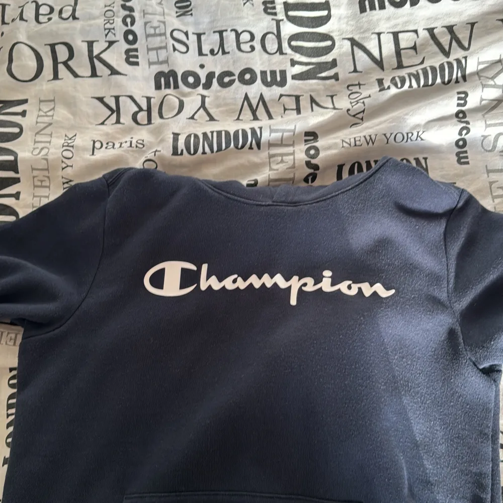 Säljer en snygg och bekväm svart hoodie från Champion. Den har en klassisk design med Champion-loggan i vitt på bröstet. Perfekt för höst och vinter med sin mjuka och varma känsla. Den har en stor ficka fram och en skön huva. Passar perfekt för både chill och träning!. Tröjor & Koftor.